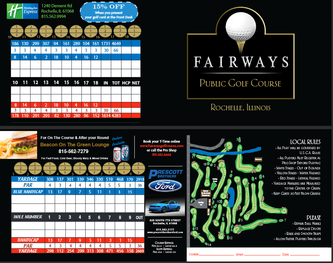 Score Card Fairways Public Golf Course